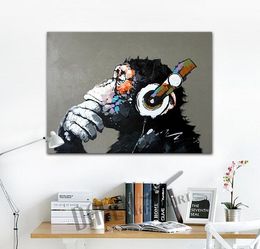 Gorilla Listening To The Music HandPainted Funny Cartoon Animal Wall Art Oil Painting Home Decor On Canvas Multi sizes /frame Options A134