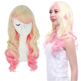 Harajuku Fade Ombre Blonde Mixed Pink Long Curly Wavy Bangs Cos[play Full Wig