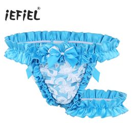 2018 Mens Lingerie Lace Frilly Satin Ruffled High Cut Sissy Gay Male Panties Knickers G-string Underwear with Thigh Garter Belt