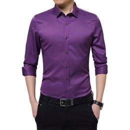 Brand New Silky Formal Shirt Men Classic Business Slim Fit Dress Shirt Long Sleeve Solid Colour Embroidery Collar Clothing