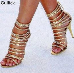 High Quality Bling Bling Gold Crystal Woman Sandals Front Strappys Sexy Peep toe Hollow Out Woman Prom Dress Shoes Back Zip