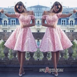 Lovely Off the Shoulder Homecoming Dresses Pink Lace 3D Floral Appliques Knee Length Short Prom Dress Party Wear Arabic Cocktail Gowns