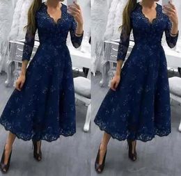 Tea Length Plus Size Mother Of The Bride Dresses V Neck 3/4 Long Sleeves Lace Formal Wedding Guest Gowns A Line Evening Dress