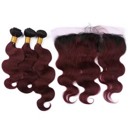 Body Wave 99j Hair Bundles With Lace Frontal Dark Roots Burgundy Human Hair Bundles With Closure Virgin Malaysian Hair Weaves 4Pcs/Lot