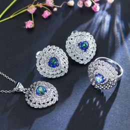 Elegant Bride Jewellery Set White Gold Plated Colourful Blue CZ Heart Earrings Necklace Ring Set Valentine's Day Gift for Girl Friend