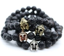 Beaded Antique Gold-Color Roman Warrior Gladiator Helmet Bracelet Men Black Lava Rock Stone Bead Bracelets For Men Pulseras Beaded Strands