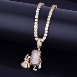 Men's Jewellery Hip Hop Pendant Necklace Iced Out Microphone Holding Money Bag Gold Silver Colour Cubic Zircon Free 5mm Tennis Chain