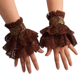 1 pair Women Steampunk Gear Brown Lace Wrist Cuff Vintage Wristbands Party Cosplay Accessory High Qauality