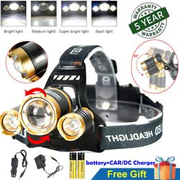 12000 Lumens Hunting Headlamp 3x XML T6 LED Headlight Head Torch Lamp Camping Zoom Head Light Flashlight 18650 Battery +Charger +Car Charger