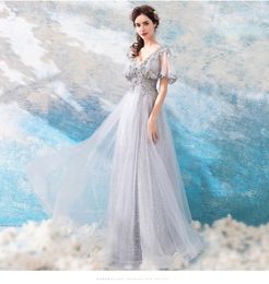 Sexy V-Neck Evening Dress Soft Tulle Long Prom Dresses Floral Applique with Beads Sequins Accept Custom Made