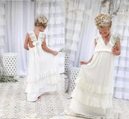 2018 Lovely Boho Ivory Flower Girl Dresses V Neck A Line Chiffon Lace Child Communion Dresses Kids Formal Wear Birthday Party Gown BA4995