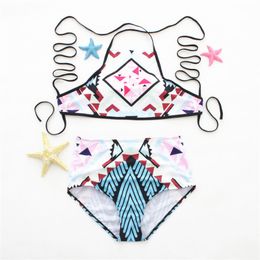 Lady Bikini Polyster High Waist Woman Swimsuit Push Up Top Swim Shorts Print Femme Swimwear Bathing Two Piece Suits 20ht V