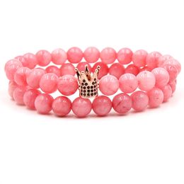 Pink Natural Stone Beads Bracelets 8mm Black Lava Stone Beaded Bracelets Crystal Crown Wrap Couple bracelet Lover Gift
