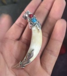 Chinese antique dog teeth with Tibetan silver turquoise amulet pendant