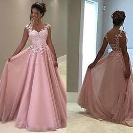 Pink Tulle Cheap Prom Dresses Long Lace Appliqued Plus Size Formal Evening Wear Sexy V Neck Party Dress