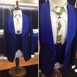 New Brand 2018 Custom Made Formal Men Suits Shiny Blue Shawl Lapel Wedding Suits For Men Groom Suit Men Tuxedo Party Suits Jacket+Pants+Vest