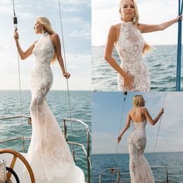 Ivory Wedding Dresses Illusion Lace Appliques Sweep Train Sexy Back Beach Bridal Gowns High Neck Sleeveless Plus Size Wedding Dress