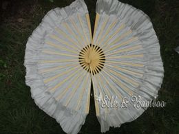 White, 1 pair 30cm bamboo+10cm Chinese dance silk fan(flutter), 2 layers real flowy silk!