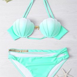 Femme Bikini Summer Mermaid Western Style Woman Gradient Ramp Colour Sexy Shell Swimsuit Lady Swimwear Low Waist 26ly V