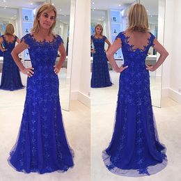 Elegant Royal Blue Lace Long Mother Of Bride Beads Sequined Floor Length Illusion Back Evening Dresses For Women