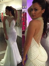 White Pearls Mermaid Pageant Dresses High Neck 2022 Chiffon Hollow Back Luxury Prom Evening Formal Dress Gowns Cheap long
