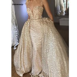 Rose Gold Muslim 2023 Evening Dresses Mermaid Spaghetti Strap Lace Sequins Islamic Dubai Kaftan Saudi Arabic Long Evening Gown