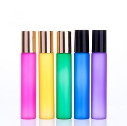 Newest Colorful 10ml ROLL ON GLASS ESSENTIAL OIL BOTTLE Perfume stainless steel Roller ball fragrance bottle 300pcs SN1316
