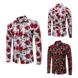 2018 Nya Mens Långärmade T-shirts Floral Tryckt Storstorlek Slim Fit Shirts Rose Pattern Casual Single Breasted Shirt för vår och höst
