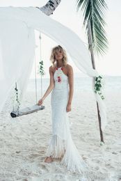 2024 New Cheap Mermaid Beach Wedding Dresses Backless Lace Appliqued Halter Neckline Bridal Gowns Sexy Sweep Train Wedding Dress 2019