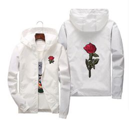 Red Rose Printed Casual Jackets Men Women Hooded Windbreaker Male Female Solid Colour Embroidery Coats Asian Size S-7XL