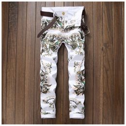 Animal Printed Mens Skinny Jeans White Slim Stretch Denim Jeans Men Hip Hop Street Fashion Jogger Pants Casual Trousers