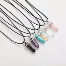 24Colors Hexagonal Column Chakra Necklaces Crystal Pink Purple Natural Stone Pendant PU Leather Chains Necklace For Women Fine Jewelry
