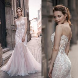 milva bridal country backless wedding dresses blush pink lace appliqued scoop neck beach boho mermaid wedding gowns