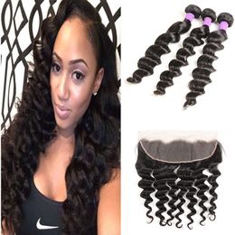 Brazilian Virgin Human Hair Loose Deep With Lace Frontal Closure 3 Bundles With 13x4 Ear to Ear Lace Frontal Closure HC Weaves Closure