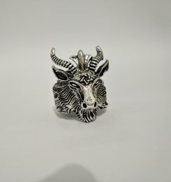 Retro Sheep Goat Horn Head Finger Ring Satan Worship Baphomet Aries Zodiac Wicca Star For Men Boy Gift Punk Biker Animal Jewellery