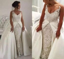 Trendy V-Neck Overskirt Arabic Mermaid Wedding Dresses Lace Detachable Skirt Plus Size african Country Bridal Gown Train Bride Dress Custom