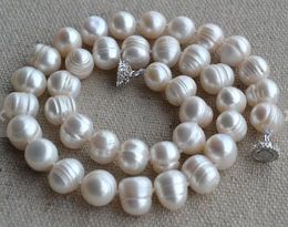 Genuine Pearl Jewellery,18inches White Color Real Freshwater Pearl Necklace,11-12.5mm Big Size Rhinestone Magnet Clasp ,Woman Jewelry