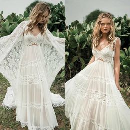 Chiffon Beach Bohemian Wedding Dresses with Cape Lace Appliqued Boho Bridal Gowns A Line V Neck Robe De Marie