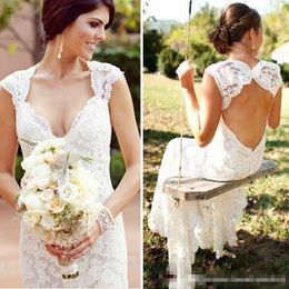 -Stilvolle weiße volle Spitze Land Brautkleider plus Größe ausgestattet offen zurück lange Brautkleider für Frauen Spaß schlank Garten Strand Brautkleid