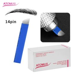 100pcs 14 Pin Microblading Needles For Embroidery Pen Permanent Makeup Eyebrow Tattoo Supplies Machine Sloped Head Blades Blue