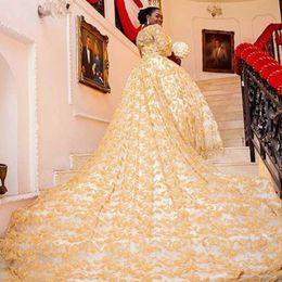 Gorgeous Golden Lace Wedding Dresses Charming South Africa 3/4 Long Sleeve Ball Gown Bridal Dress Luxury Dubai Royal Princess Wedding Dress