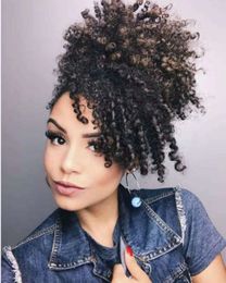 ponytail with fringe kinky curly clip in afro puff bun updo curly hair drawstring ponytail afro bun hairpiece natural black 1b