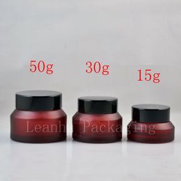 High Quality Empty Rose Red Glass Frosted Container, Small Eye Cream Glass Jar Frosting Glass Bottle,Makeup pot With Black Cap