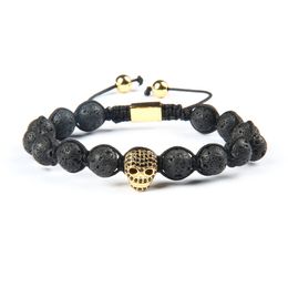 Ailatu Jewelry Wholesale 10pcs/lot 8mm Natural Lava Stone With Micro Pave Black Cz Heart Skull Macrame Bracelet For Cool Men