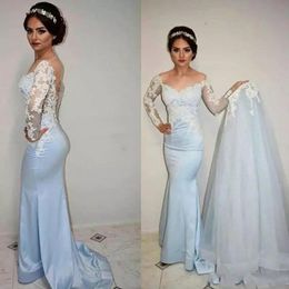 Ice Zuhair Murad Blue Evening Dresses Detachable Train Lace Off Shoulder Applique Long Sleeves Prom Dress Vestidos De Fiesta