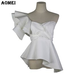 Bold Should Off Women White Ruffles Blouse Sexy Tops Summer Casual Party Wear Shirt with Zipper Chemisier Femme Ladies Blusas