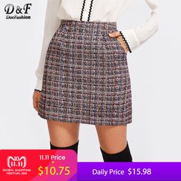 Dotfashion Zip Back Tweed Winter Skirt Women 2017 New Arrival Multi Plaid Cute Bottoms For Ladies A Line Short Skirt C18111301