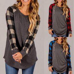 Plaid Patchwork Long Sleeve Shirts Women Casual Round Neck Tops Grid Printed Blouse Round Neck Cheques T-shirts OOA4081