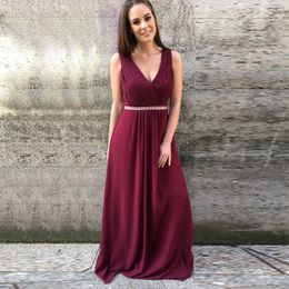 Elegant Burgundy Bridesmaid Dresses V Neck Pleated Chiffon Floor Length Maid Of Honor Crystal Sash Wedding Guest Dresses Zipper Up