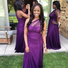 Plus Size bridesmaid dresses One Shoulder Sleeveless Ruched Pleated Purple Tulle Floor Length Wedding Party Maid of Honor Gowns